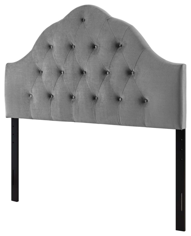 Contemporary Modern Queen Size Tufted Headboard, Velvet Fabric, Grey Gray