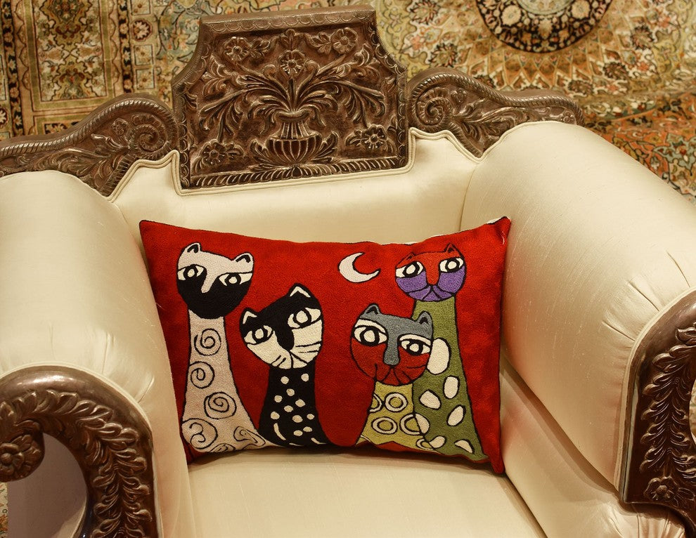 Lumbar Red Pillow Cover Cat Picasso Four Kitties Pillowcase Handmade Wool 14x20