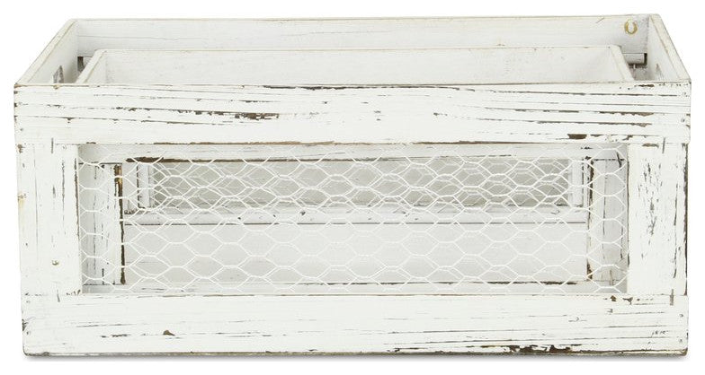 Set of Two Rustic Whitewash Chicken Wire Sides Wooden Crates
