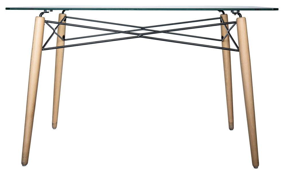 LeisureMod Dover 4' Square Top Dinin Table, Natural Wood Eiffel Base, Clear Glass