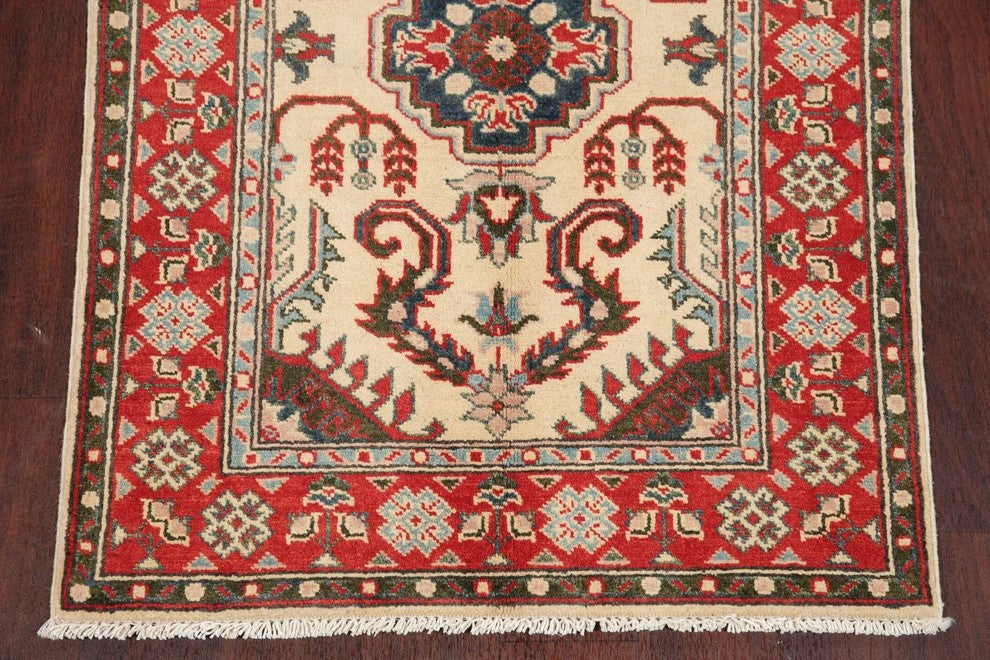 Pakistani Kazak Traditional Oriental Area Rug Hand-Knotted, Beige, 3'8"X2'8"