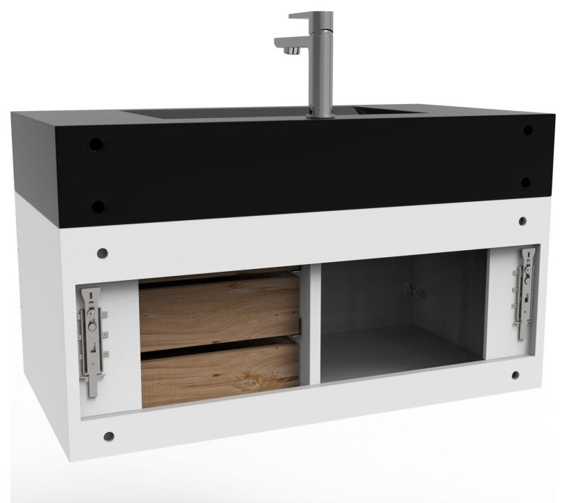 CastelloUSA Nile 36" Wall Mounted Vanity Set, White, Black Top, Gold Handles