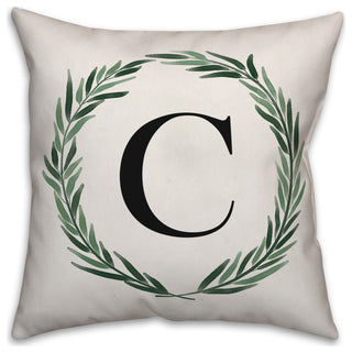 Watercolor Greenery Wreath Monogram - C 18x18 Spun Poly Pillow