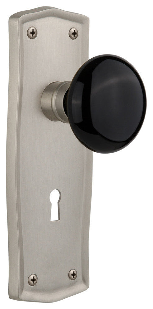 Prarie Plate With Keyhole Privacy Poreclain Door Knob, Satin Nickel