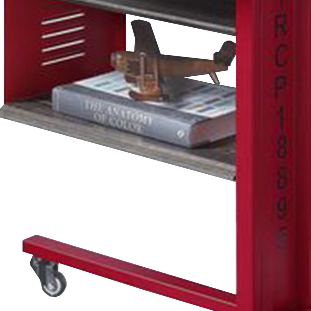 Benzara BM269579 Accent Table With Metal Cargo Style and 3 Caster Wheels, Red