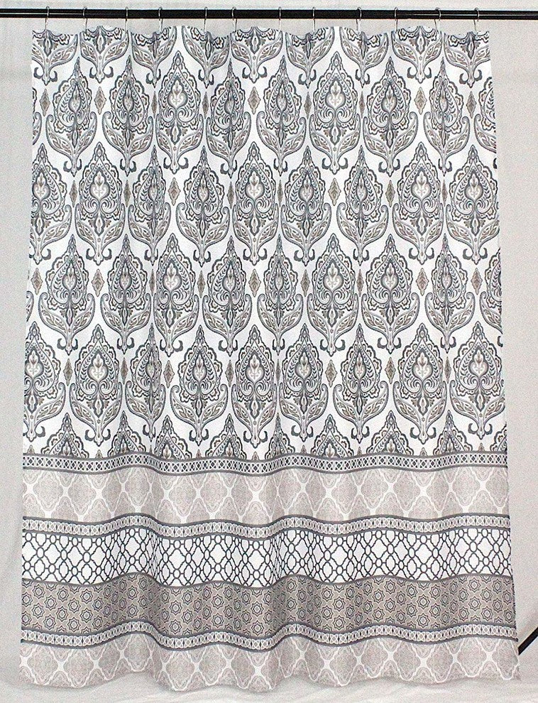 Charcoal Grey Tan White Fabric Shower Curtain: Floral Damask Geometric Border