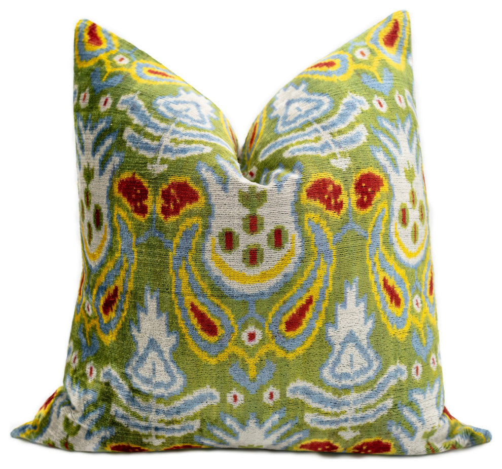 Handmade Velvet Throw Pillow With Multicolor Ikat Design 20x20"