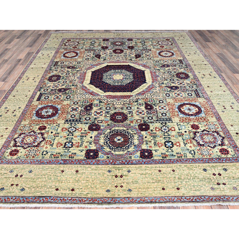 Green, Mamluk Design, Pure Wool, Hand Knotted, Oriental Rug, 8'x10'2"