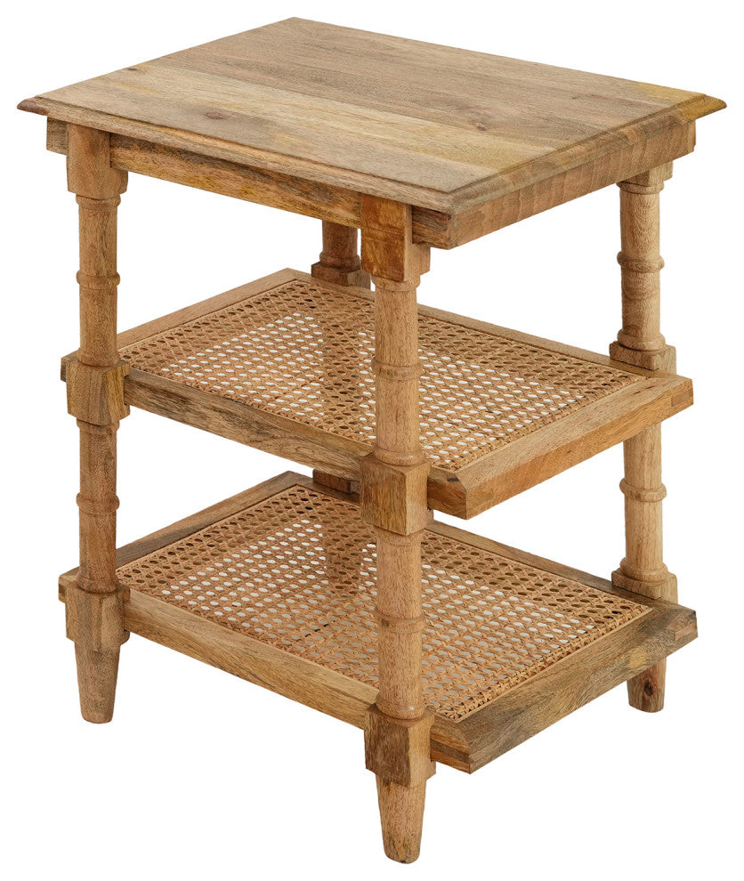 Chesterfield Wood and Cane 3 Shelf Accent Table, Natural Mango