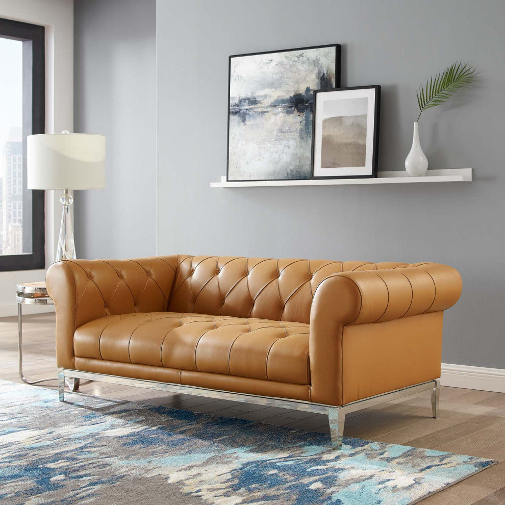 Modern Designer Living Room Lounge Club Lobby Loveseat Sofa, Leather, Tan Brown