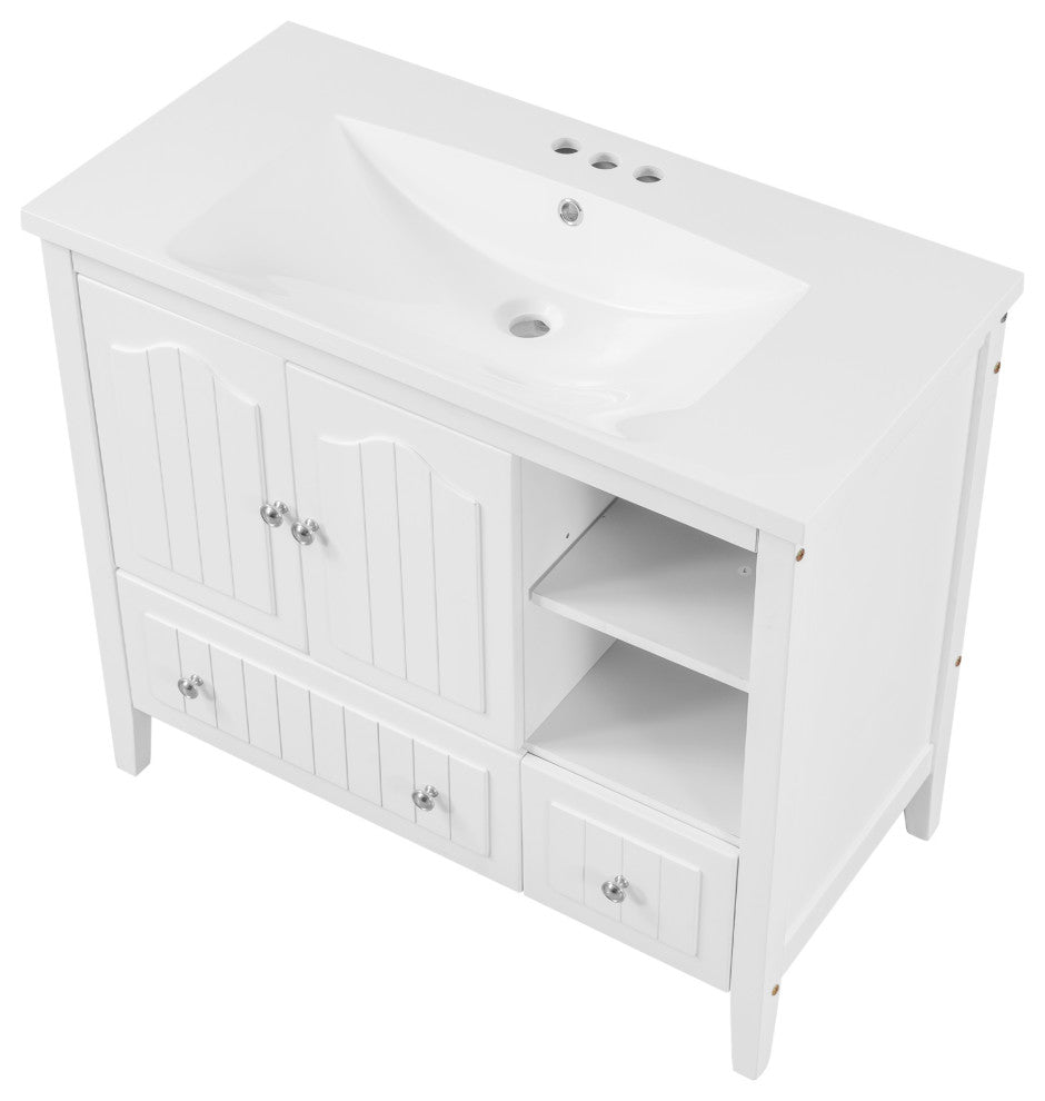 36" W x 18." D x 32" H Bath Vanity, White Ceramic Top, White