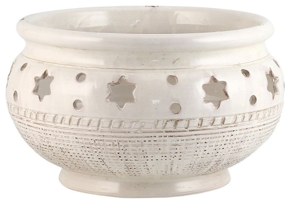 Scavo Stella Bianco, Round Bowl Centerpiece With Textured And Carved Star Design