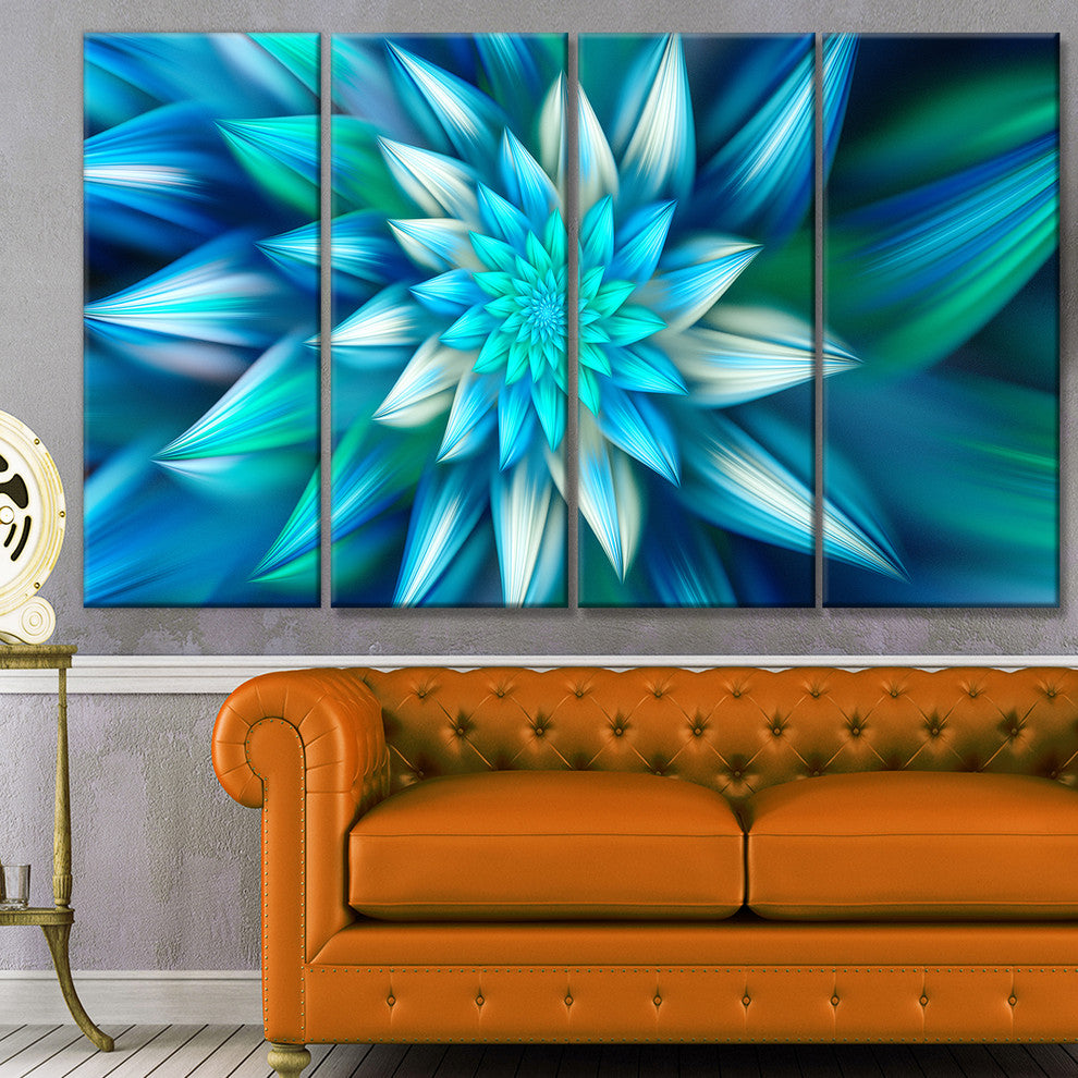 Huge Blue Fractal Flower, Floral Canvas Art Print, 48"x28", 4 Panels
