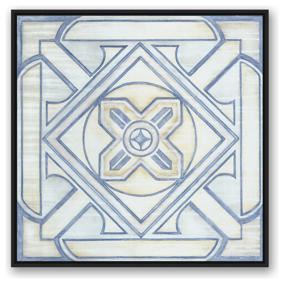 Blue and White Watercolor Tile 36x36 Black Floating Framed Canvas