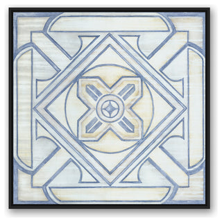 Blue and White Watercolor Tile 36x36 Black Floating Framed Canvas