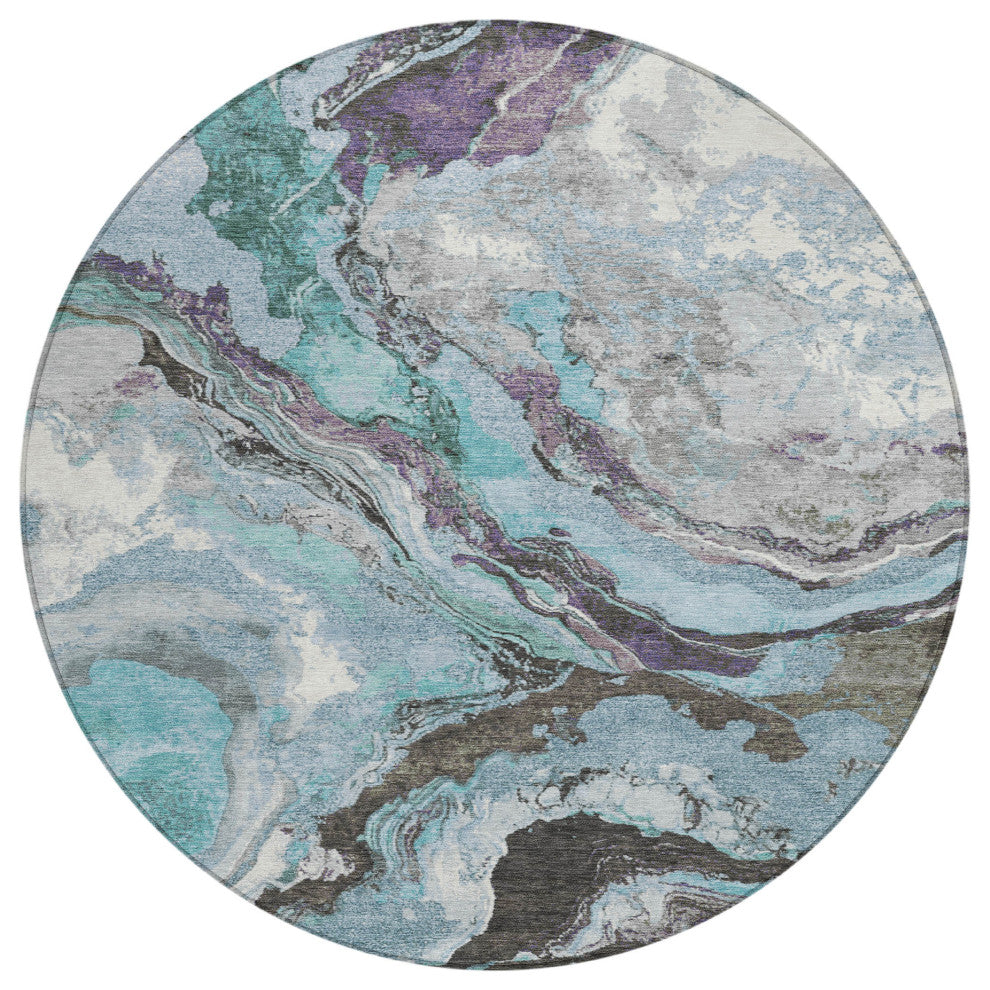 Machine Washable Indoor/Outdoor Chantille ACN1908 Teal 8' x 8' Round Rug