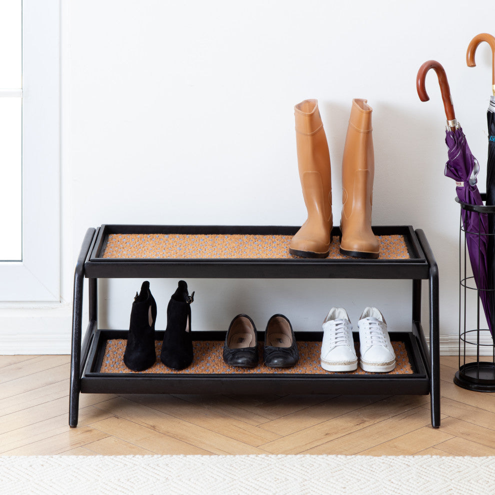 Double-Tier Black Stand With 3-Pair Rubber Boot Trays My Blue Heaven