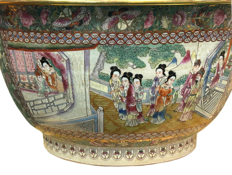 Vintage Chinese Famille Rose People House Graphic Porcelain Bowl Pot Hws4342