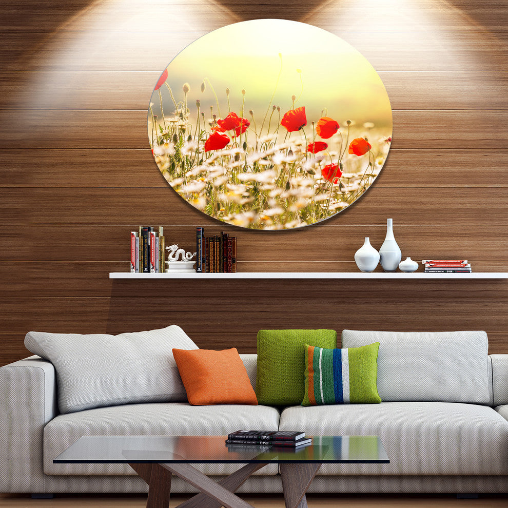 Wild Meadow With Poppy Flowers, Modern Flower Round Metal Wall Art, 11"