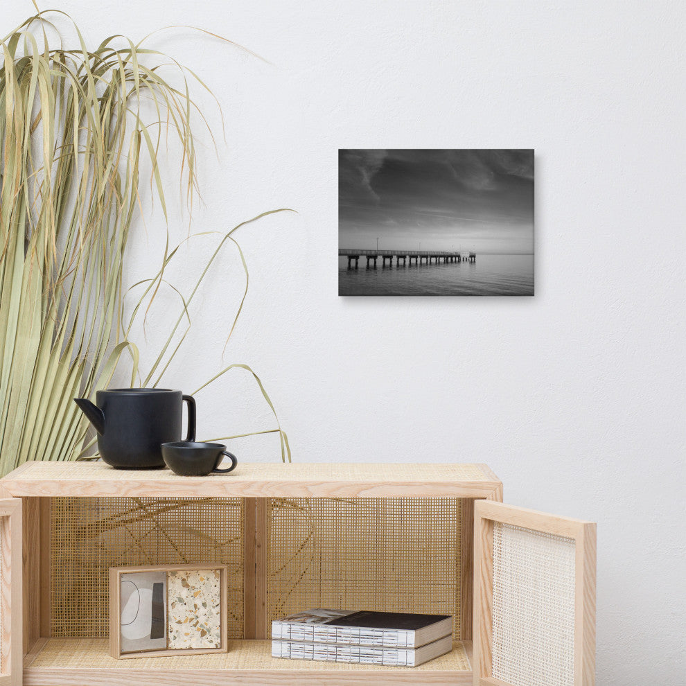 End of the Pier Coastal Black & White Photo Canvas Wall Art Print, 12" X 16"