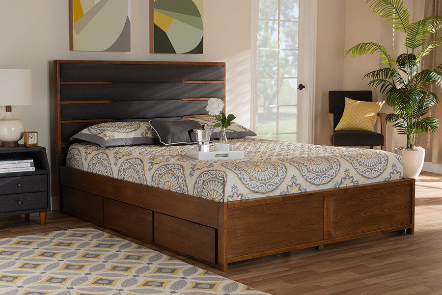 Dark Gray Fabric Walnut Wood King Size Platform Storage Bed With Six Drawers