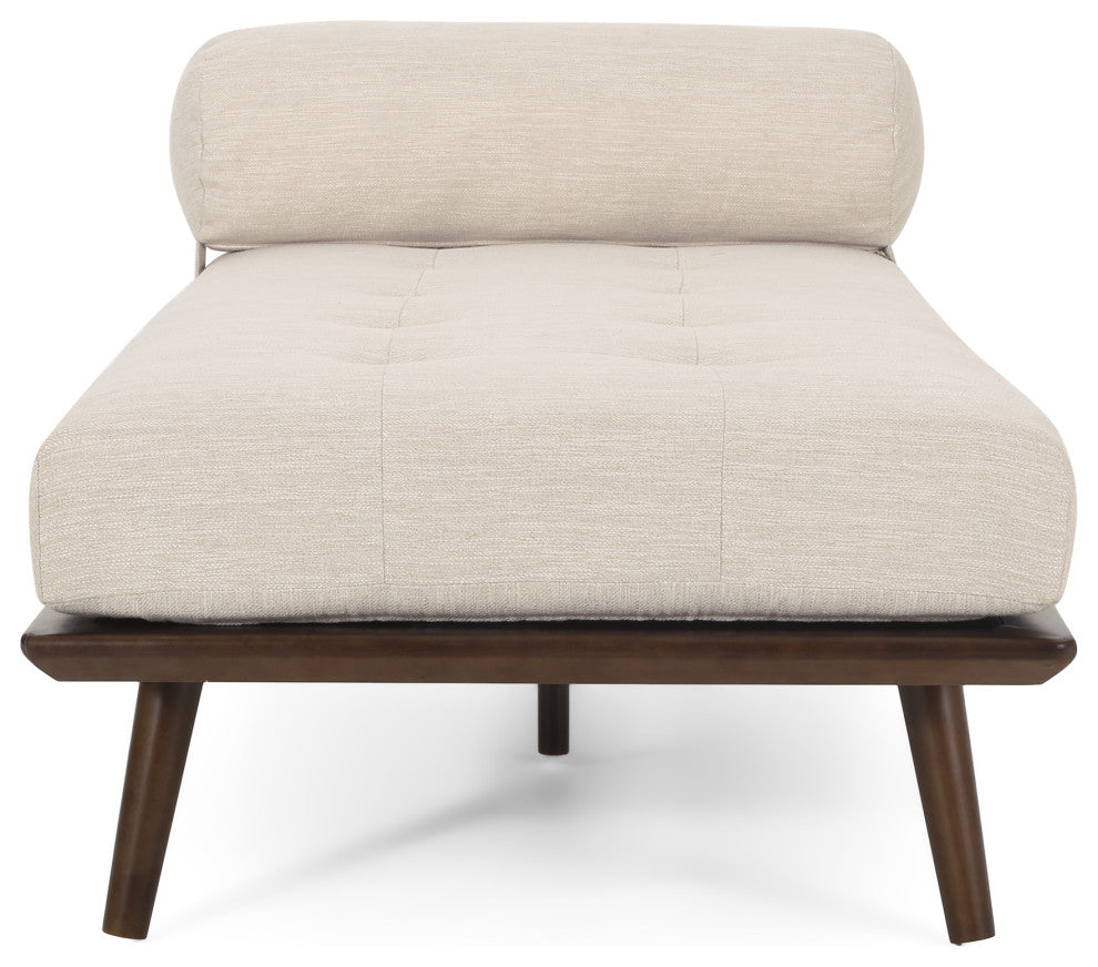 Lancer Mid Century Modern Tufted Chaise Lounge & Pillow, Beige/Natural Walnut