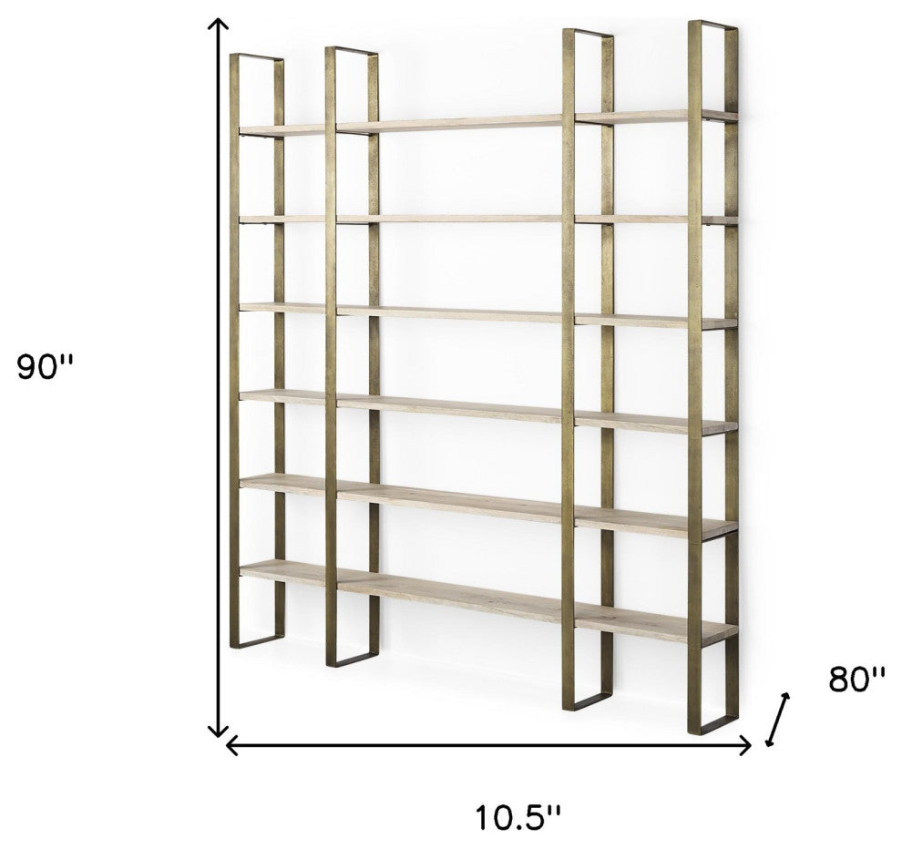 90" Gold and Natural Distressed Iron and Solid Wood Six Tier Bookcase