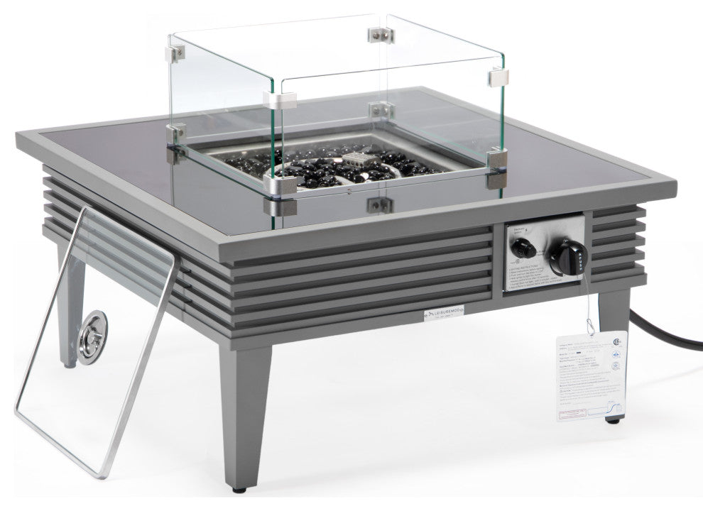 Leisuremod Walbrooke Patio Square Fire Pit Table With Aluminum Slats Frame, Gray