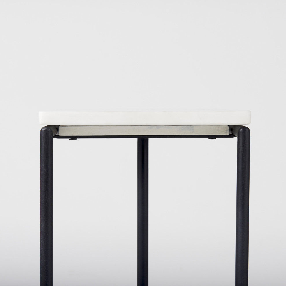 Kyra 12Lx20Wx23H White Marble Top With Black Iron Frame C-Shaped Side Table