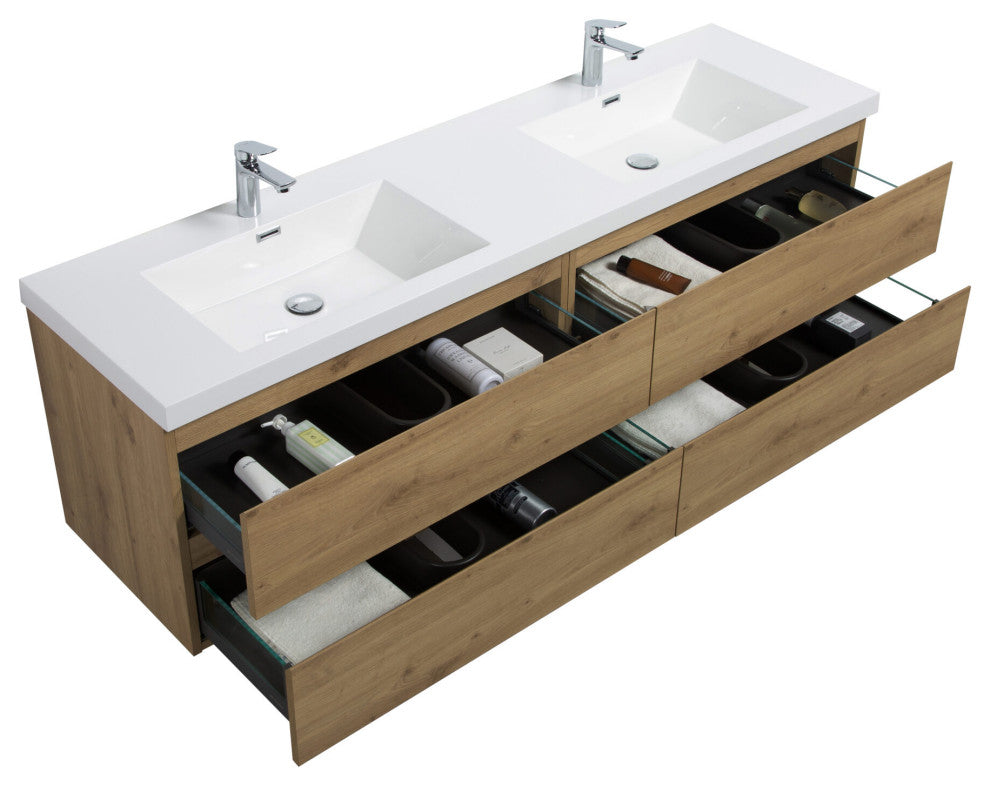 Aurora Wall Mount Vanity, White Acrylic Top, Sonoma Oak, 72" Double