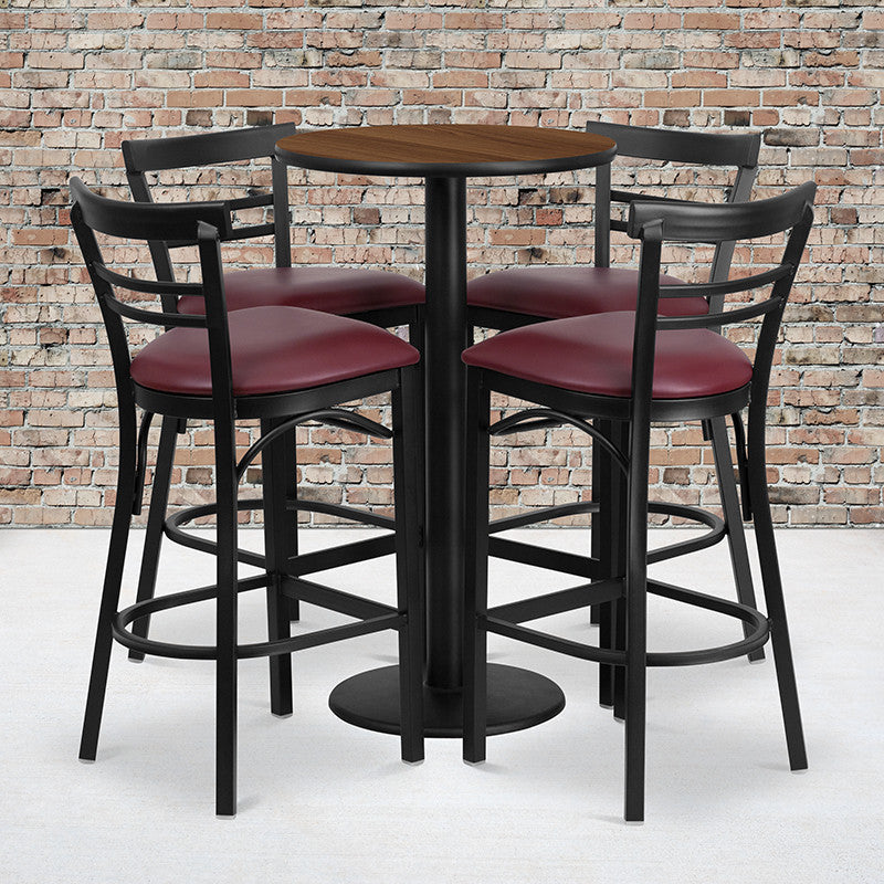 24" Round Walnut Laminate Table Set With 4 Ladder Back Metal Barstools