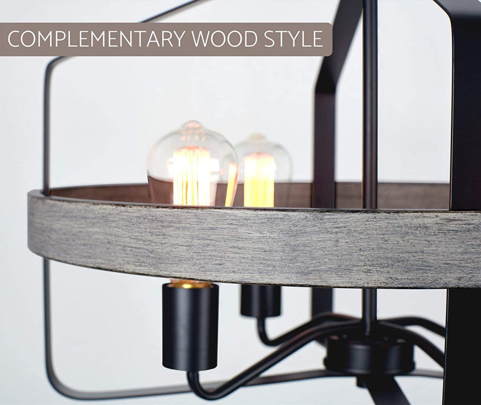 4 Light Farmhouse Chandelier Industrial Black Pendant Light With Wood Style