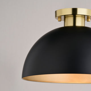 Devon Mid-Century Modern Semi Flush Mount Ceiling Light, Matte Black and Satin Brass