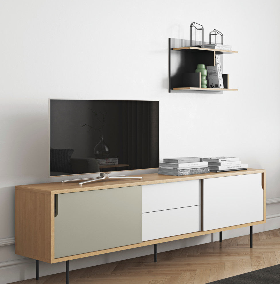 Dann 201 Sideboard With Wand Wood Legs, Oak / Pure White & Matte Grey, Lacquered Black Steel