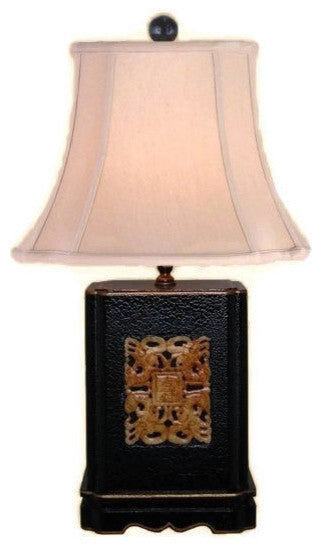 Chinese Black Lacquer Box Jade Inlay Table Lamp, Shade and Finial 22"