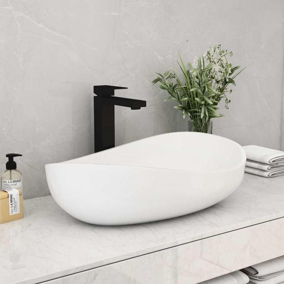 Bathroom Stone Resin Oval Vessel Sink Modern Art Sink with Pop Up Drain, Glossy White