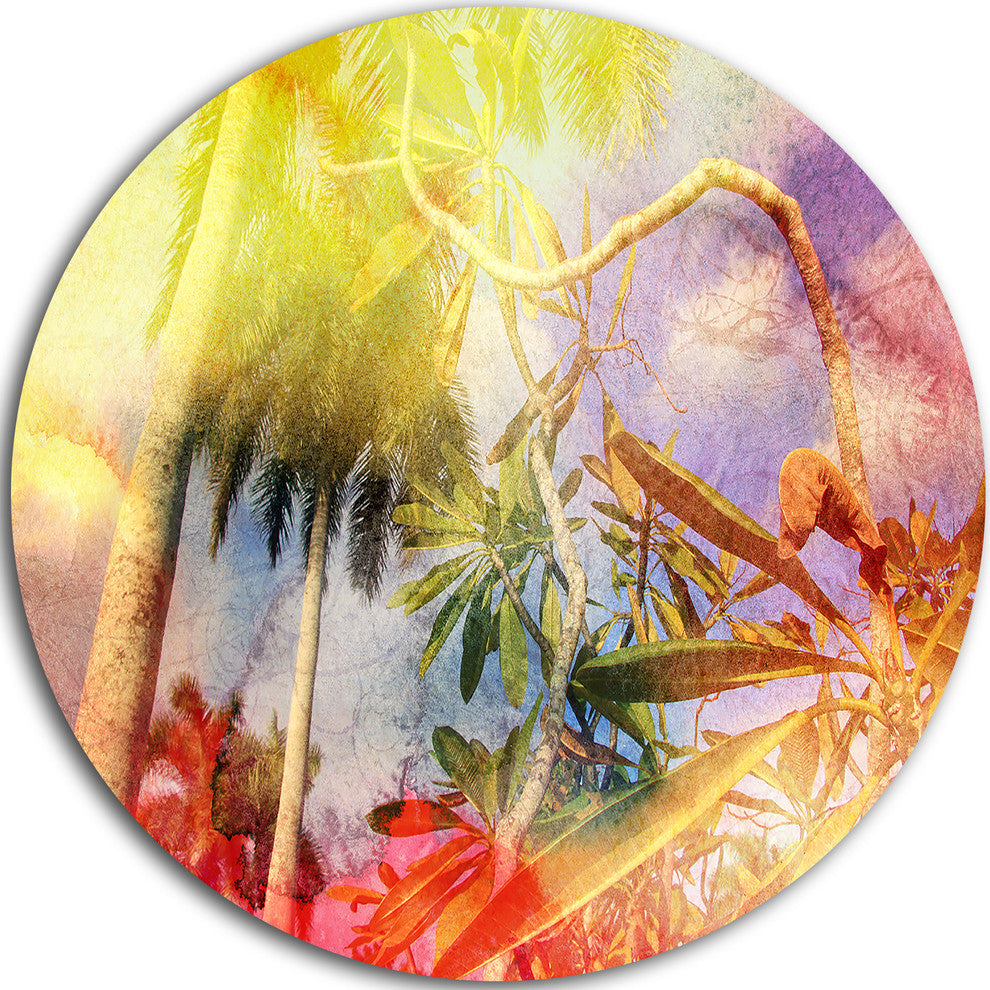 Yellow Retro Palm Trees, Landscape Painting Disc Metal Wall Art, 11"