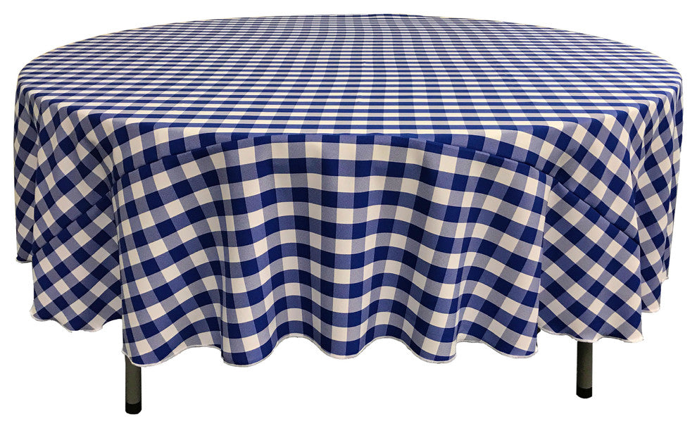 LA Linen Round Gingham Checkered Tablecloth, White and Royal Blue, 72" Round