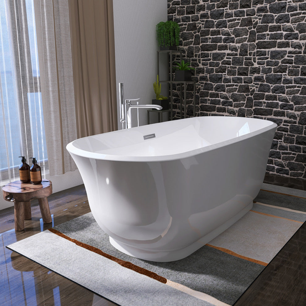 Acrylic Oval Freestanding Flatbottom Soaking Bathtub in Glossy White, 67"31"