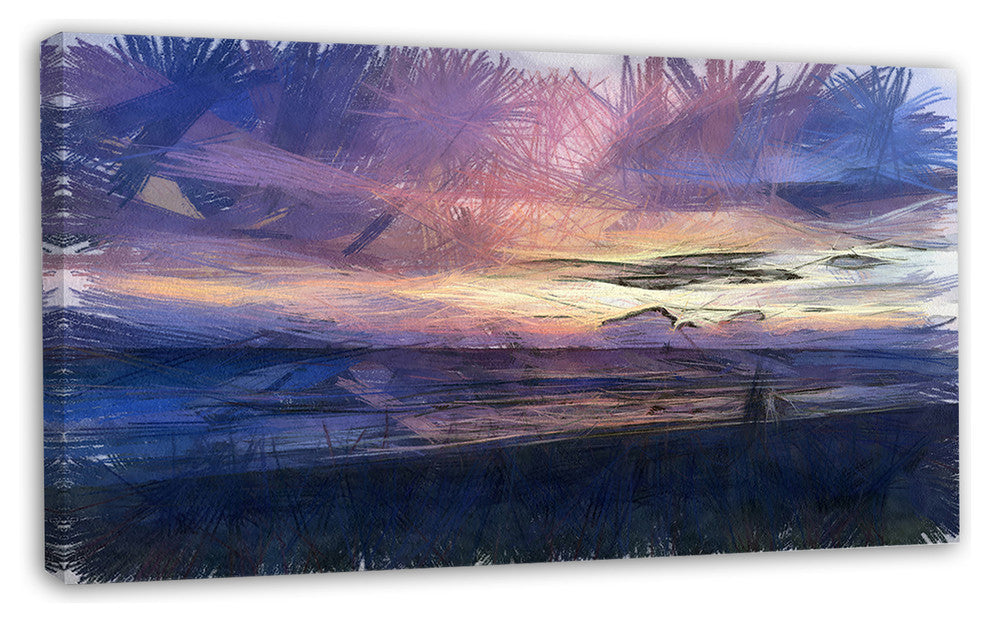 Sunset over Blue Sea Watercolor, Landscape Canvas Wall Art, 32"x16"