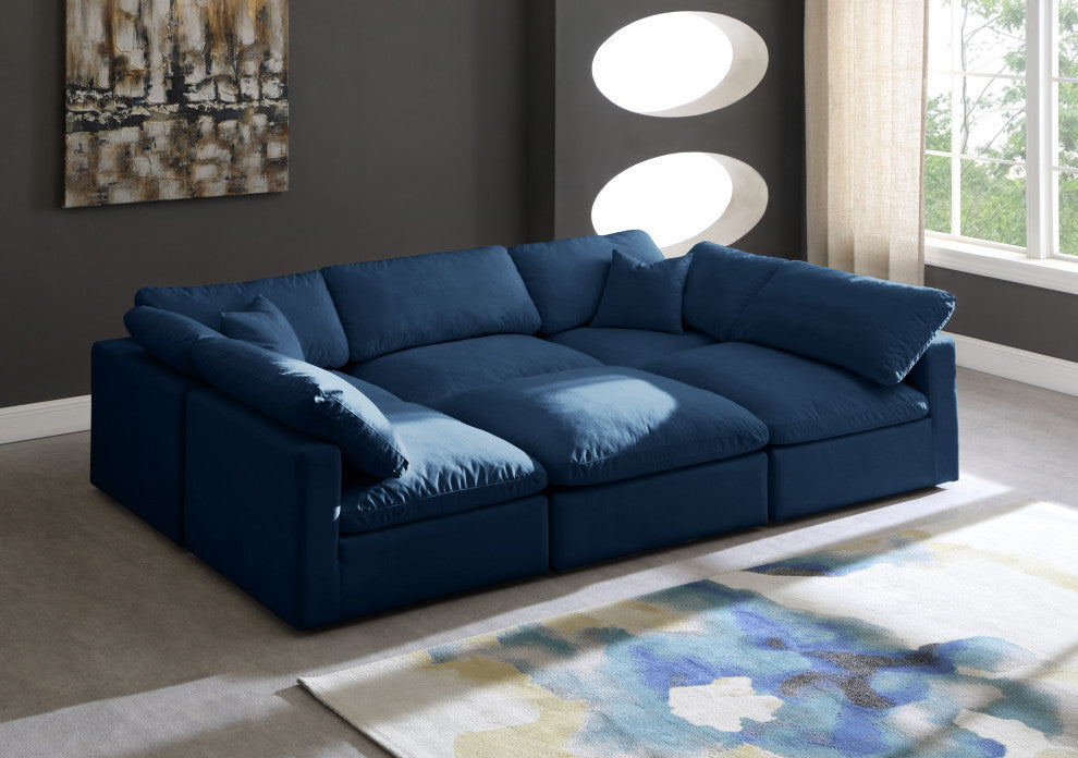 Plush Velvet / Down Standard Comfort 6-Piece U-Shaped Modular Sectional, Navy