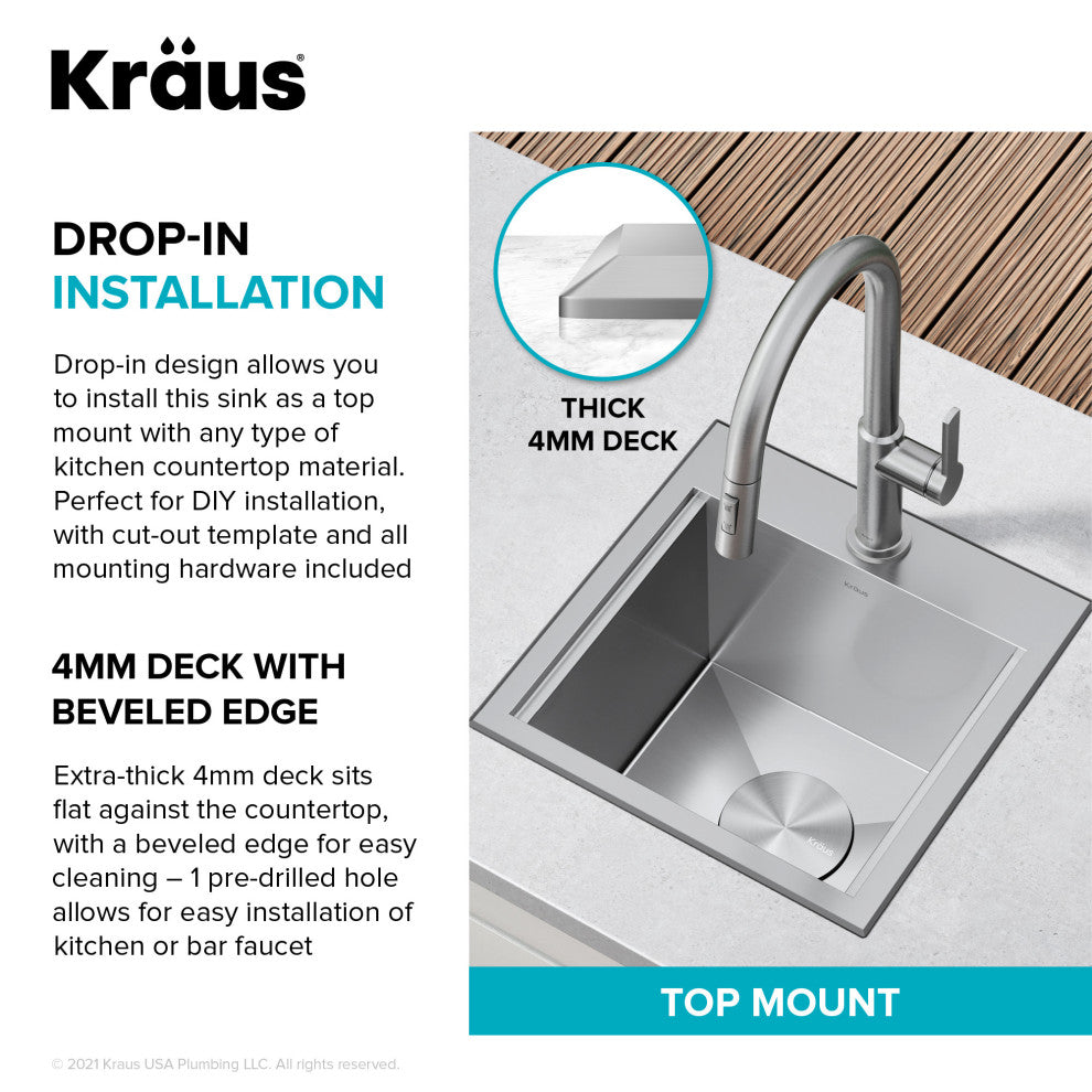Kraus KWT321-15 Kore 15" Drop In Single Basin Stainless Steel Bar - Stainless