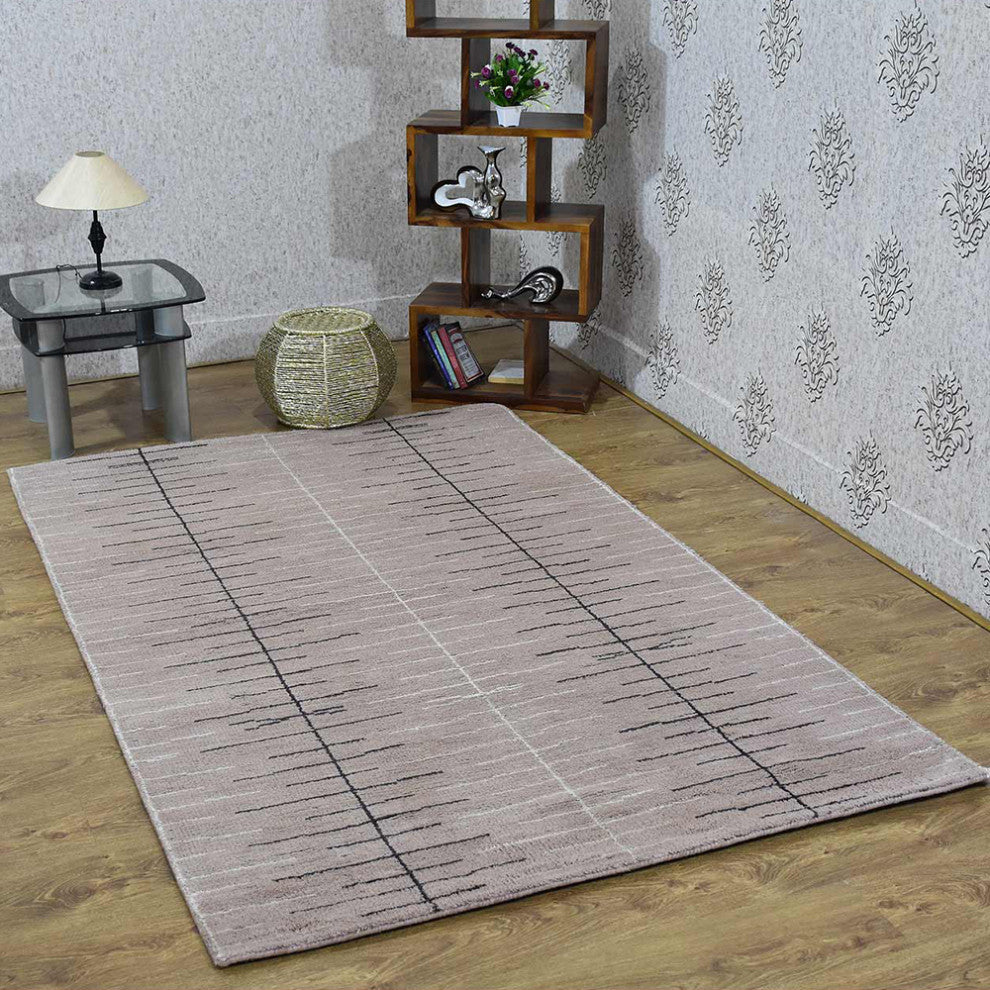 Hand Knotted Wool Area Rug Abstract Brown White