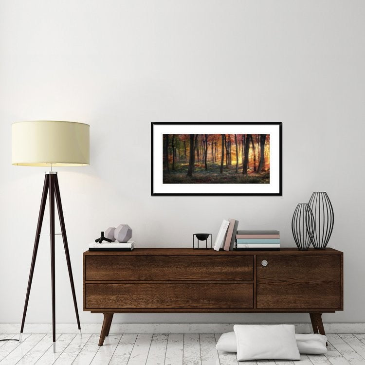 "Autumn Woodland Sunrise" Framed Digital Print by Photokes, 44x24"