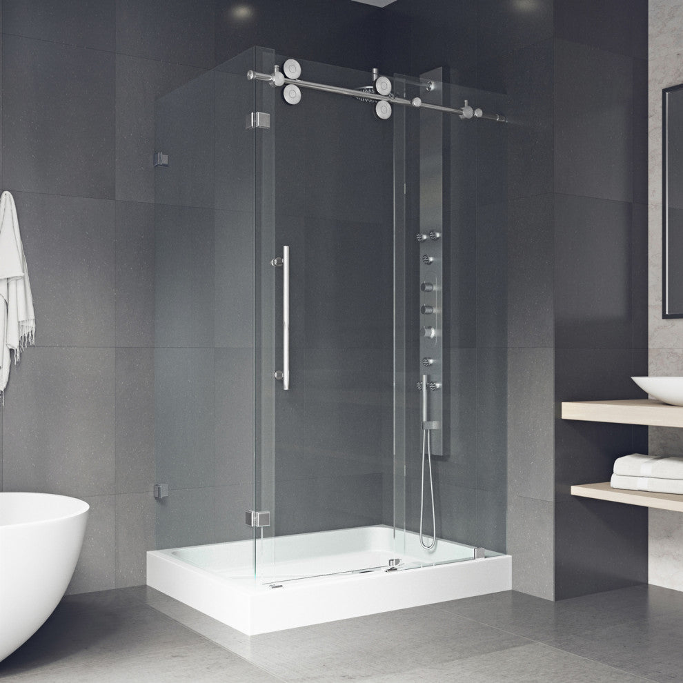 VIGO Winslow Frameless Sliding Shower Enclosure, Chrome, 36" D X 48" W X 80" H, Right Drain Base