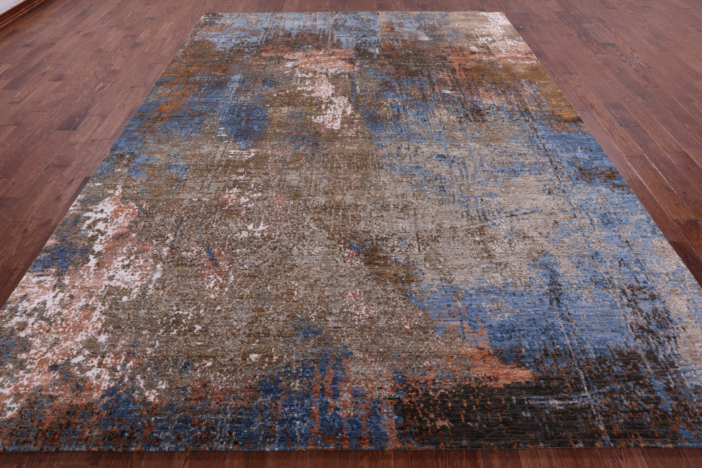 9' 2" X 12' 3" Hand Knotted Abstract Wool and Silk Rug Q8864