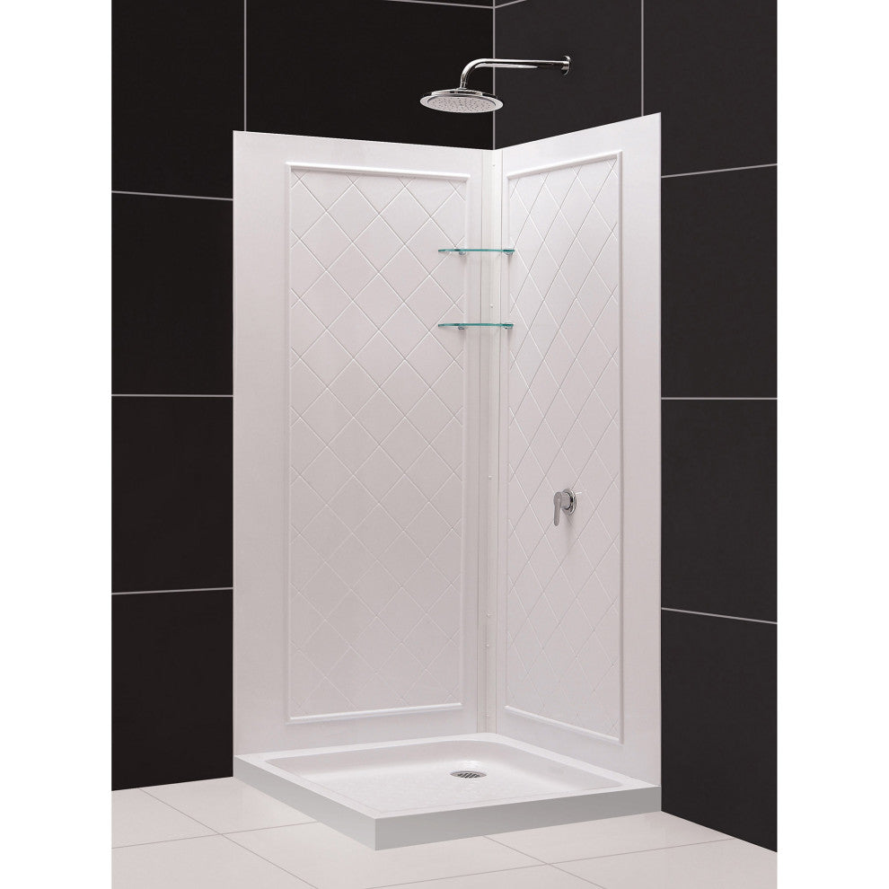 32" Dx32"W Double Threshold Corner Drain Base, Acrylic Backwall Kit, White
