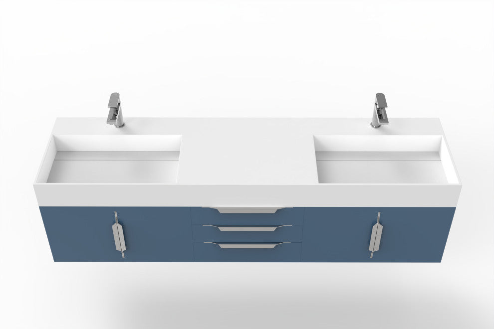 CastelloUSA Amazon 72" Wall Mounted Vanity Set, Blue, White Top, Chrome Handles