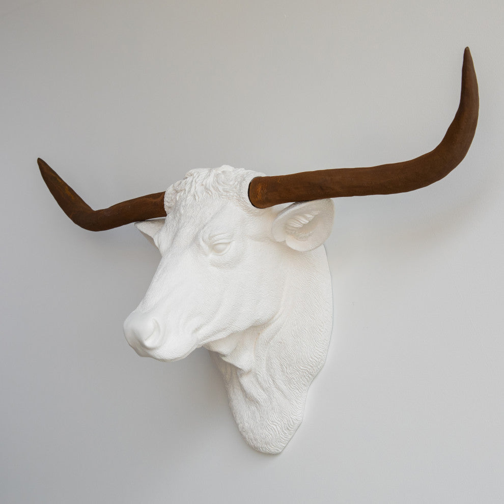 Faux Taxidermy Steer Head Wall Mount, White and Rust