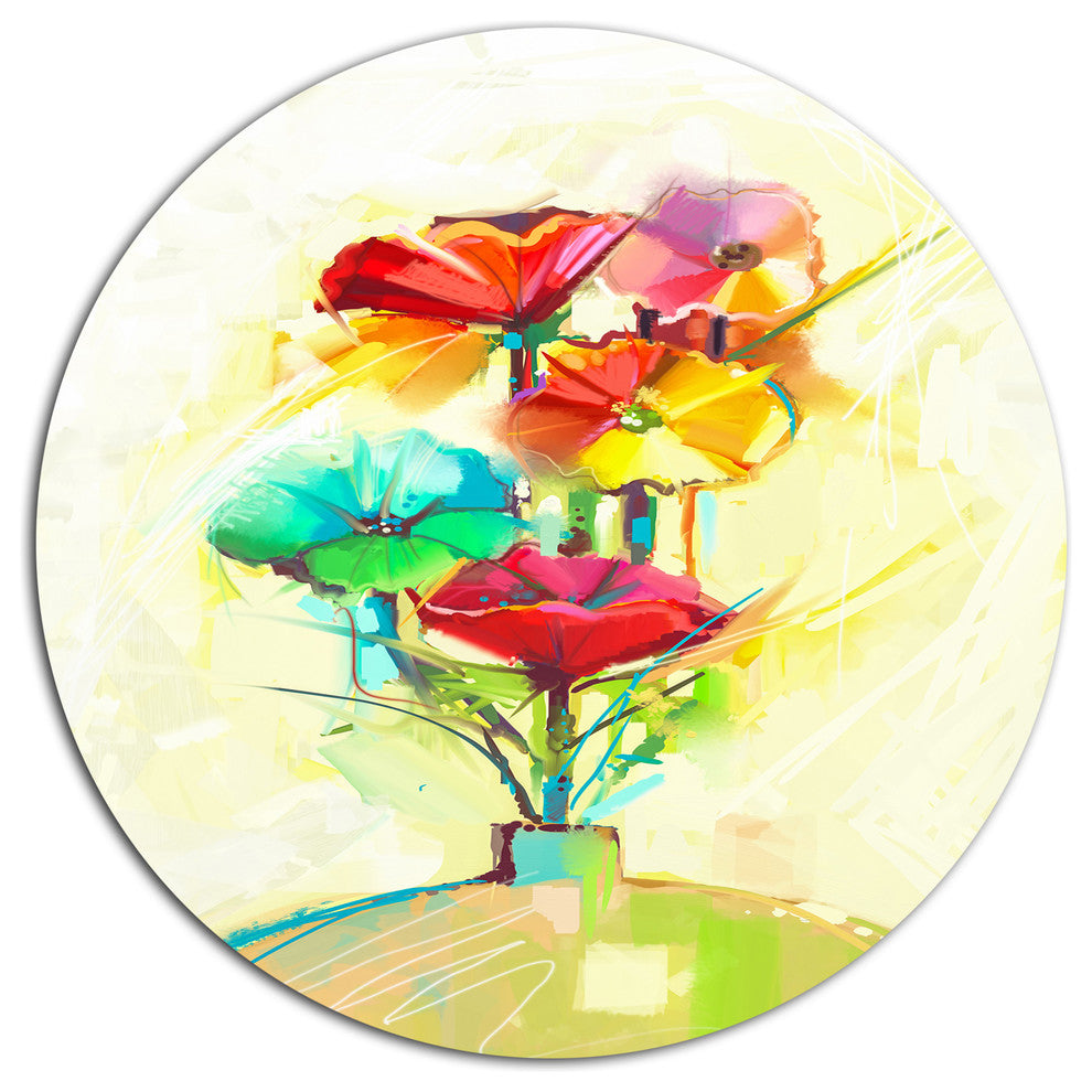 Spring Flowers Bouquet In A Vase, Modern Floral Disc Metal Artwork, 38"
